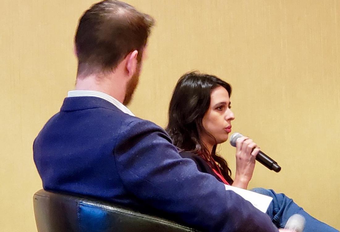 Bisnow moderator Michael Guimond listens to Greenbridge Investment Partners Director of Operations Brenda Arianpour speak at the Los Angeles Construction and Development event at the L.A. Grand Hotel. Greenbridge Investment Partners Director of Operations Brenda Arianpour and Bisnow moderator Michael Guimond