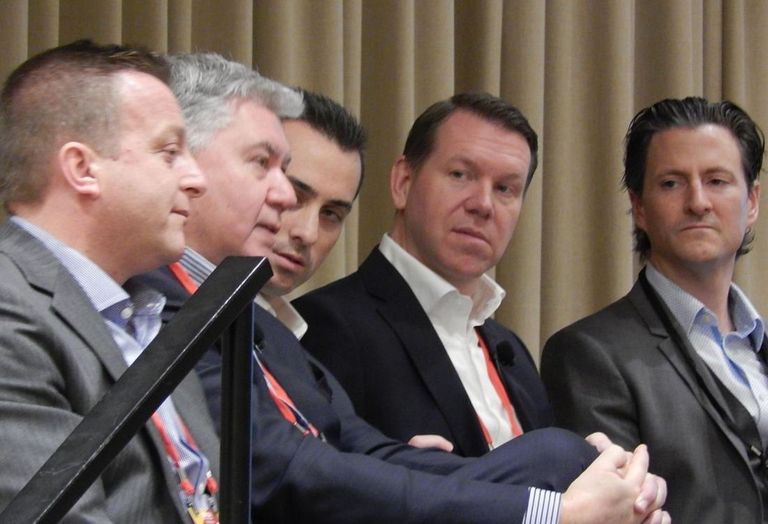 Bisnow Workplace of The Future Toronto Ivanhoe Cambridge's Jonathan Pearce, Cadillac Fairview's Wayne Barwise, WiredScore's Phil Kanfer, Avison Young's Rodney McDonald, Breather's Elise Trudeau and Crown Realty Partners' Les Miller. 