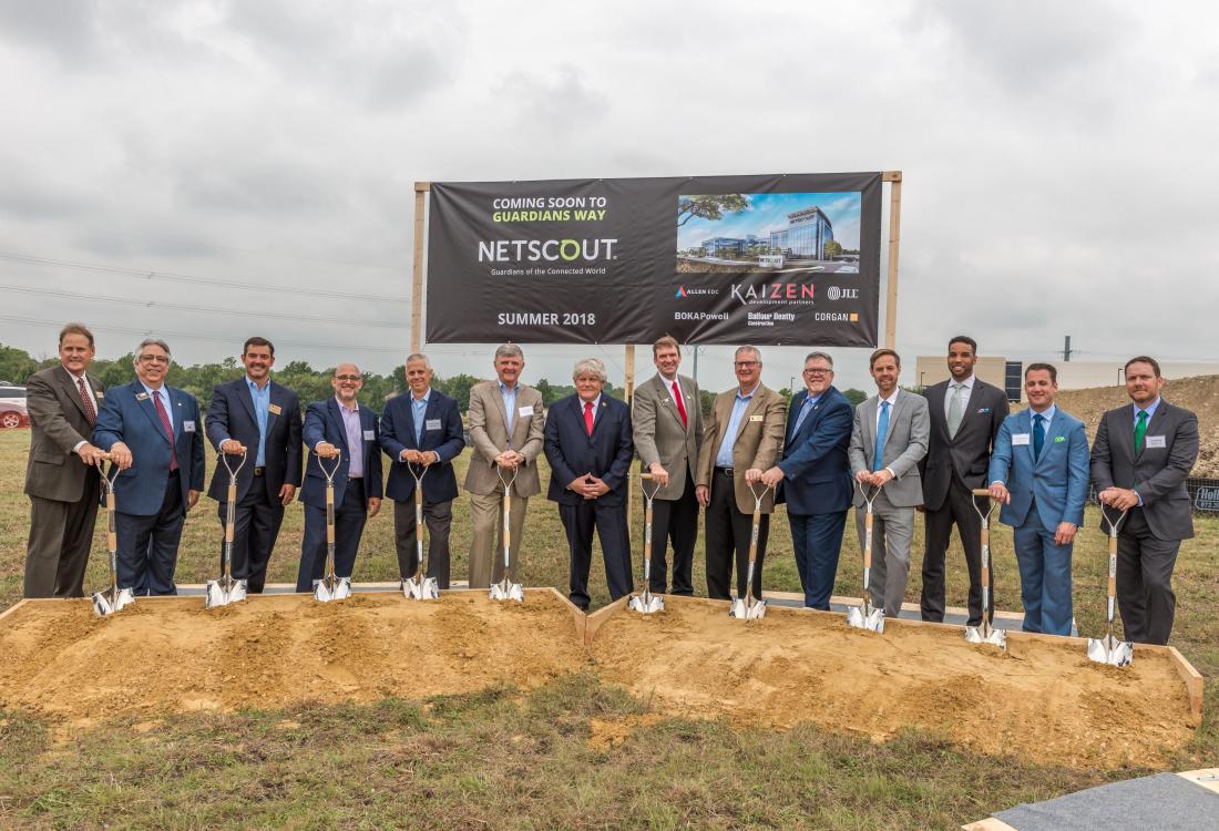Netscout Systems broke ground Wednesday on its new 145K SF office in Allen. The company will leasing the Class-A three-story building will open summer 2018.
Kazien Development Partners is developing this facility and One Bethany East next door. Both projects share the same architects and general contractor: BOKA Powell and Balfour Beatty. JLL represented Netscout and Kaizen Development Partners on this transaction.