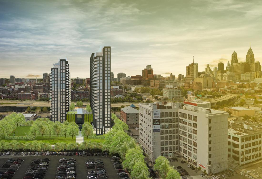 A rendering of the proposal at Fourth and Callowhill, anchoring the Callow East offering