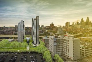 A rendering of the proposal at Fourth and Callowhill, anchoring the Callow East offering