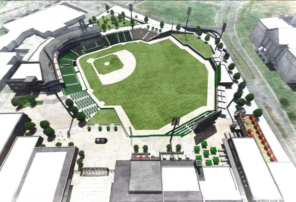 The former K-Town Furniture Building has been demolished to build the Sports and Entertainment Venue in Kannapolis, a $37M project with a baseball stadium and seating for concert and festival spaces.