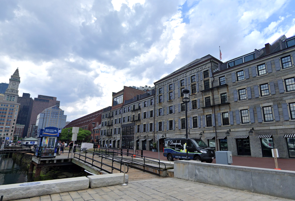 The Custom House Block building (right) on Boston's Long Wharf.