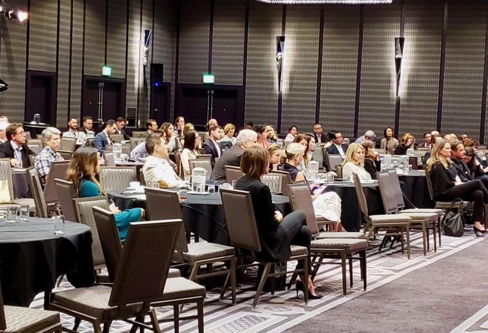 Attendees listen to a panel April 26 at the Bisnow Lodging & Innovation Series West held at the Sheraton Grand Hotel in downtown Los Angeles.