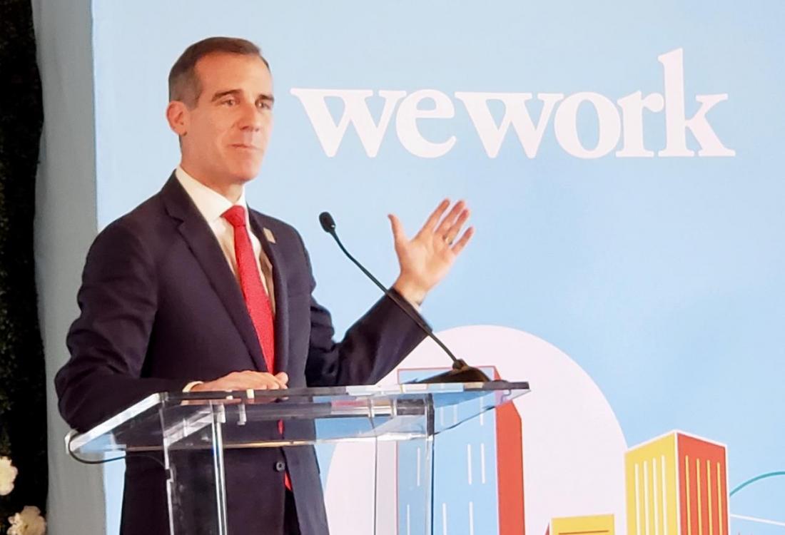 Los Angele Mayor Eric Garcetti speaks at the release of WeWork's first economic impact report in Hollywood.