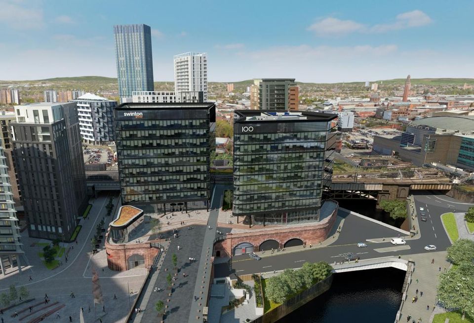 101 Embankment (left) and 100 Embankent, office buildings Salford Manchester delivered by Ask Real Estate, Tristan Capital Partners and Salford City Council.