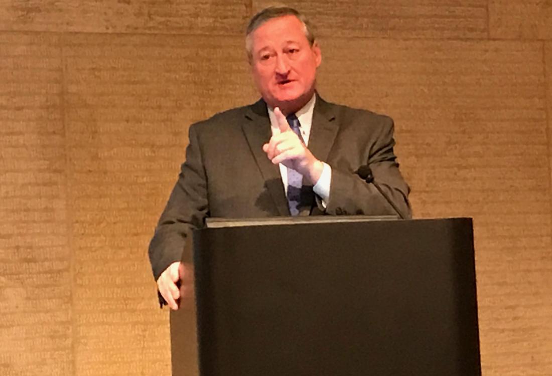 Philadelphia Mayor Jim Kenney, Speaking At Philadelphia's Amazon Hq2 Pitch Reveal Event In 2017 Philadelphia Mayor Jim Kenney, speaking at Philadelphia's Amazon HQ2 pitch reveal event in 2017