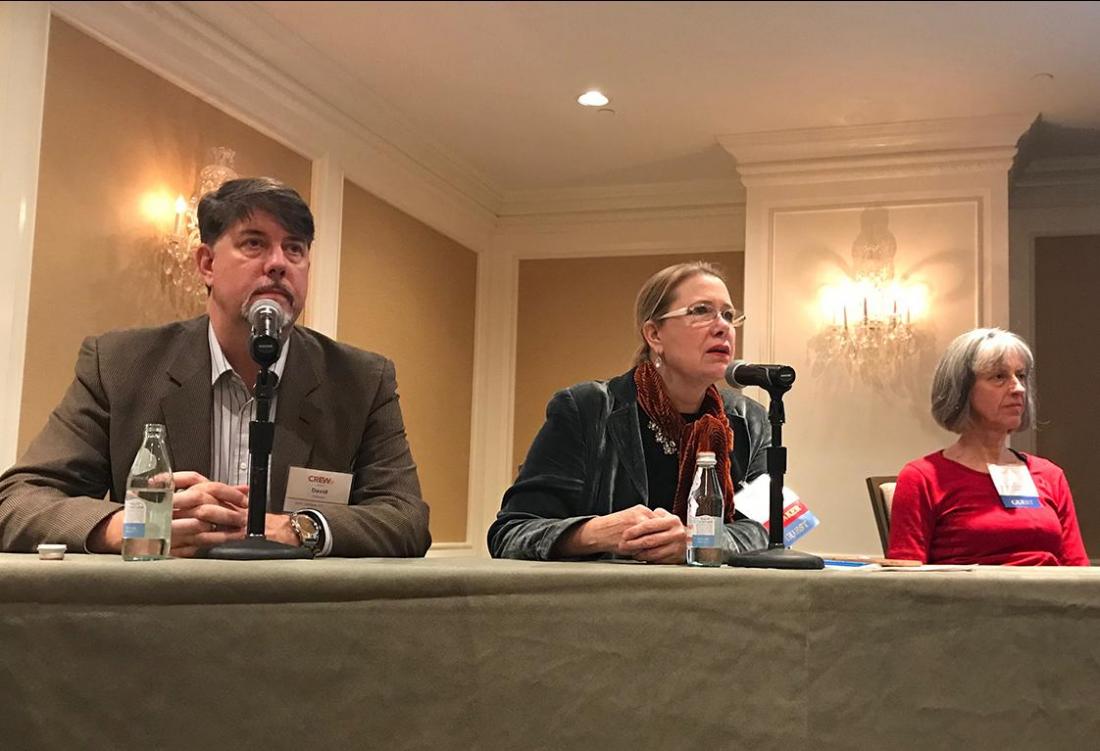Joint Venture Silicon Valley Executive Director and Oku Solutions founder and CEO David Witkowski, Legal Constructs architect and attorney and AIARE Firestorm Recovery Committee Chairwoman Julia Donoho and U.S. Geological Survey Operations Research Analyst Anne Wein during a CREW San Francisco event Joint Venture Silicon Valley Executive Director and Oku Solutions founder and CEO David Witkowski, Legal Constructs architect and attorney and AIARE Firestorm Recovery Committee chairwoman Julia Donoho and US Geological Survey Operations Research Analyst Anne Wein during a CREW San Francisco event