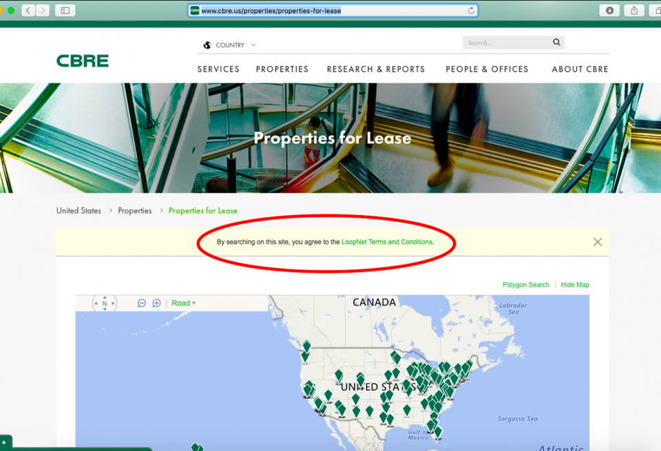 CBRE's website, embedded with CoStar's LoopLink platform