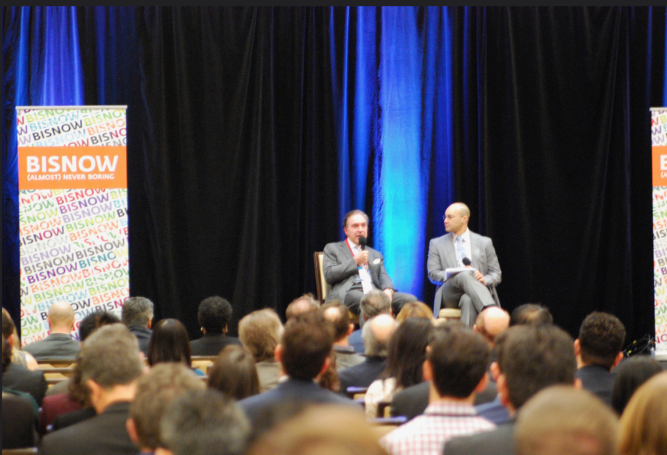 Boston Capital President Jack Manning and Nixon Peabody Associate Edward Campbell speaks during a panel at Bisnow's LA Multifamily Market Outlook event Jan. 31 at the JW Marriott in Los Angeles. 