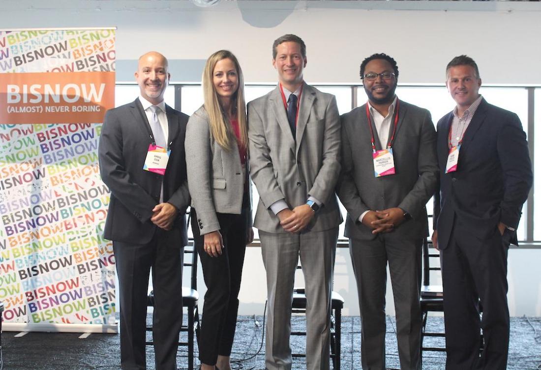 Bisnow Vice President Greg Cox, The Work Well Director Miranda Hadamik, JLL Senior Vice President Beau Bellow, International Workplace Group Senior Director of Real Estate Marcellus Parker and Transwestern Managing Director Adam Stoltz