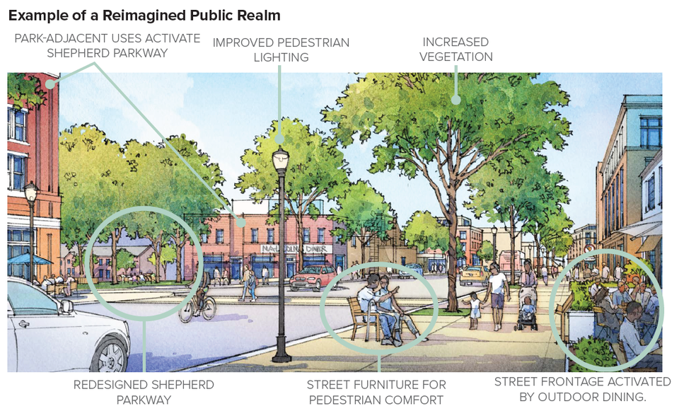 An illustration of Martin Luther King Jr. Ave. SE that incorporates proposed changes. The image is titled