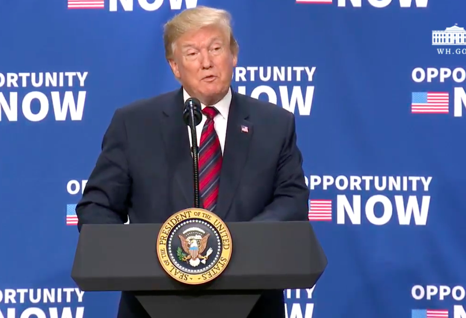 President Donald Trump speaks at the Opportunity Zone press conference at the White House, April 17, 2019.