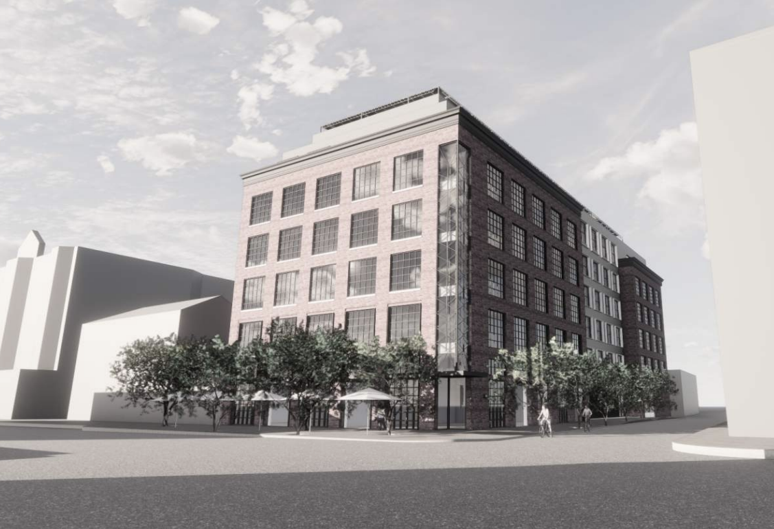 Rendering of the proposed six-story hotel. 