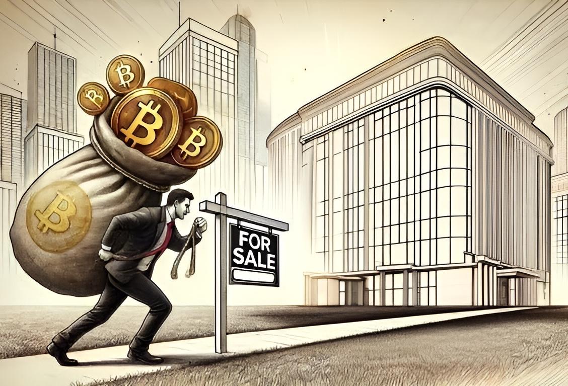Man Carrying Bitcoin Toward For Sale Office Building