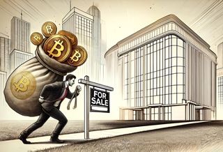Man Carrying Bitcoin Toward For Sale Office Building