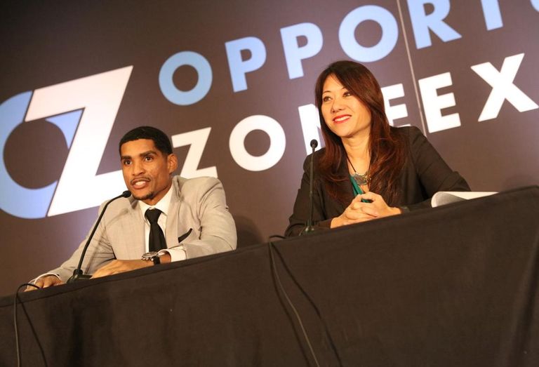 California State Treasurer Fiona Ma and Deputy Treasurer for Housing and Economic Development Jovan Agee speak at the Opportunity Zone Expo in Los Angeles