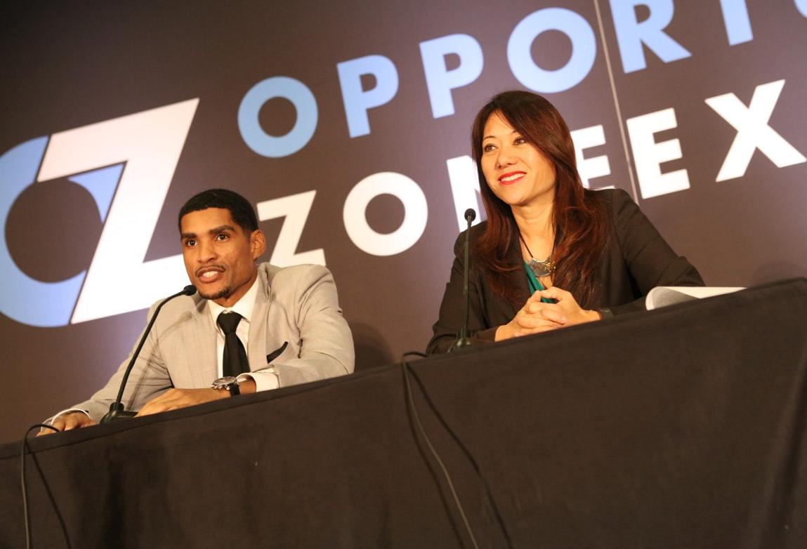 California State Treasurer Fiona Ma and Deputy Treasurer for Housing and Economic Development Jovan Agee speak at the Opportunity Zone Expo in Los Angeles
