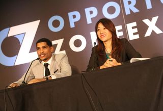 California State Treasurer Fiona Ma and Deputy Treasurer for Housing and Economic Development Jovan Agee speak at the Opportunity Zone Expo in Los Angeles