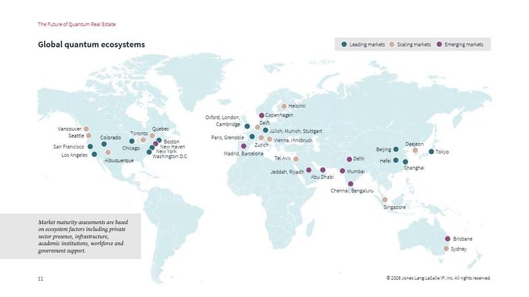 A map from JLL's report showing quantum hubs around the world. 