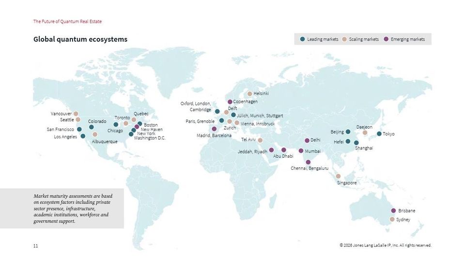 A map from JLL's report showing quantum hubs around the world. 