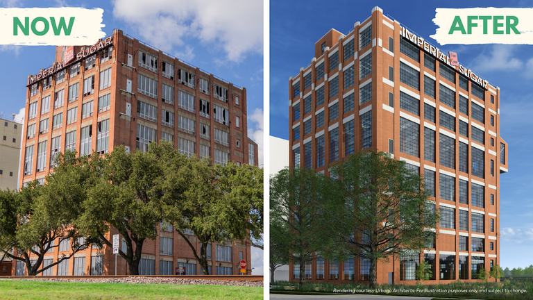Side-by-side comparison of Imperial Sugar building, showing current worn state and future renovated appearance with fresh facade and windows.