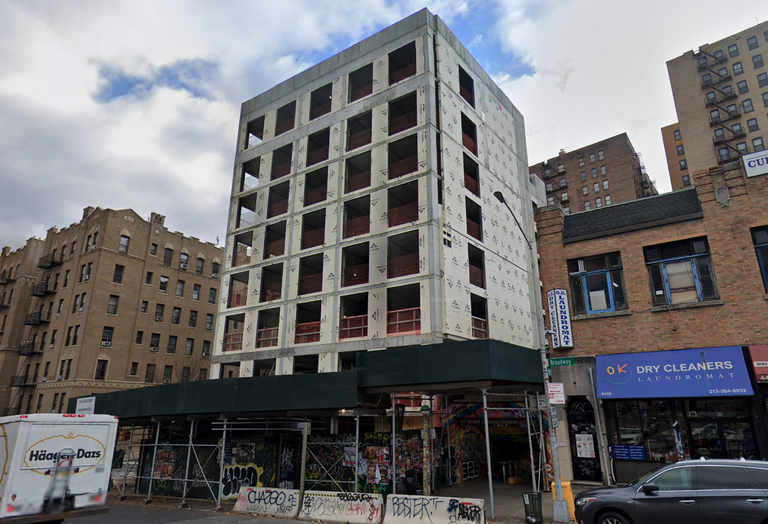 The unfinished apartment project at 4452 Broadway, which developer HAP Investments placed into bankruptcy.