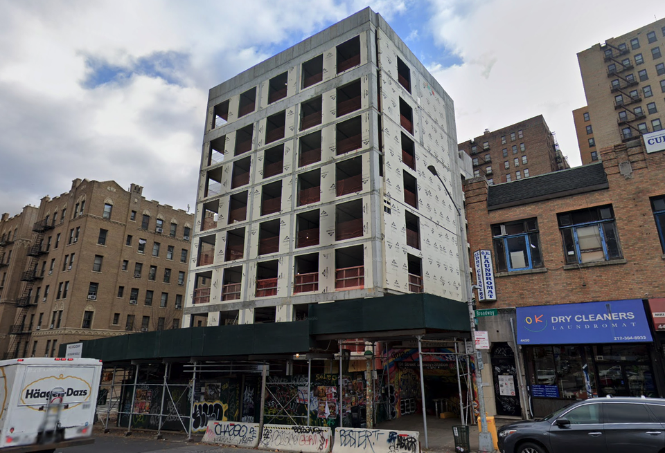 The unfinished apartment project at 4452 Broadway, which developer HAP Investments placed into bankruptcy.