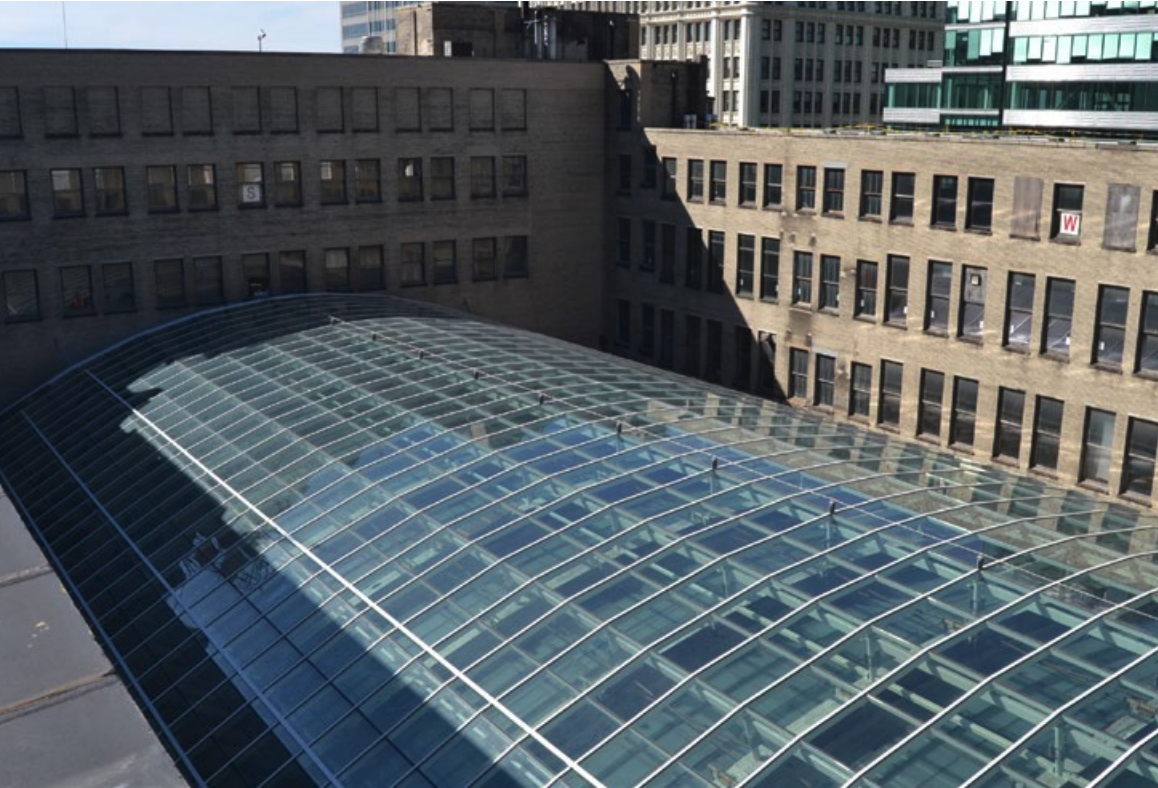 The exterior of the skylight, with the new superstructure in full view.