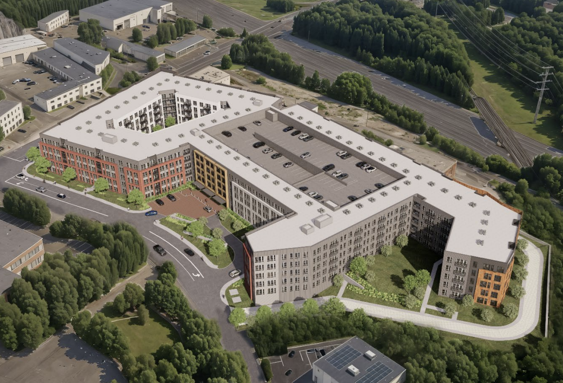 A rendering of the West Main Apartments in Waltham.