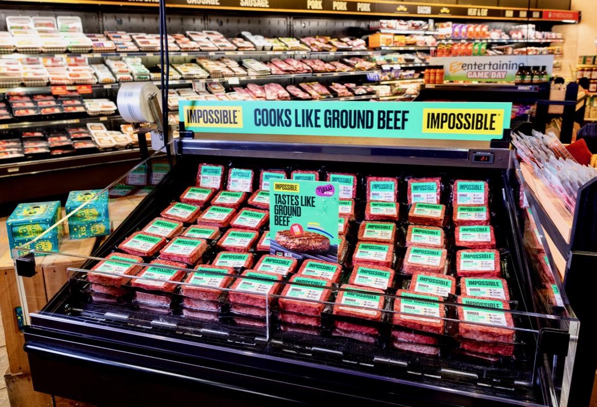 A display of Impossible Foods' plant-based meat at a grocery store.