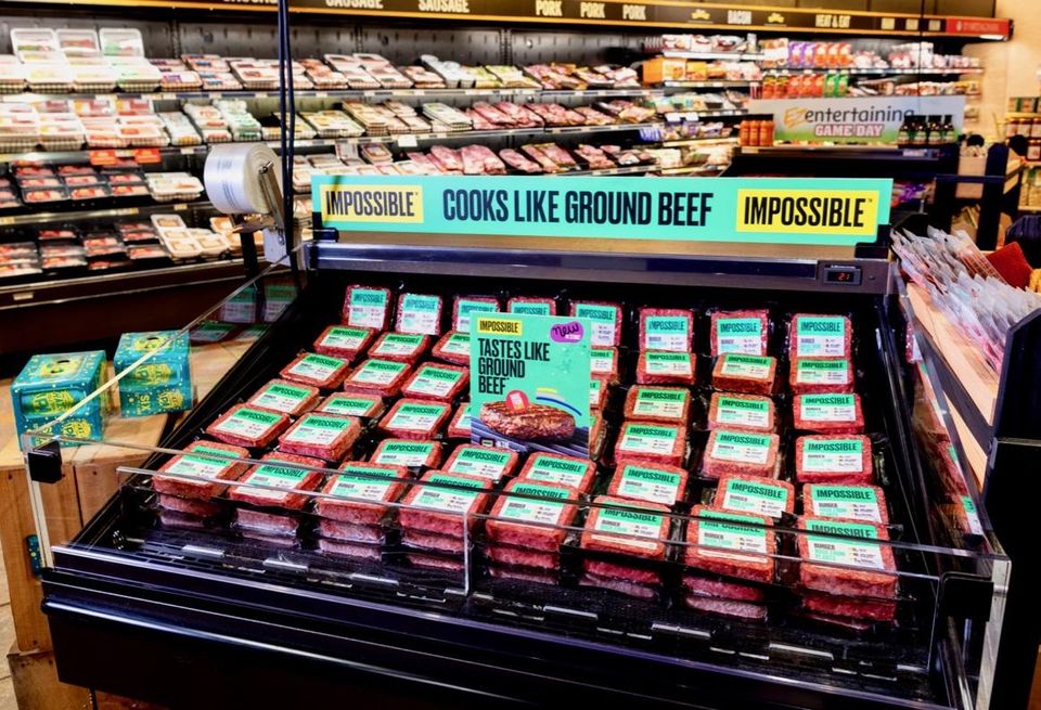 A display of Impossible Foods' plant-based meat at a grocery store.