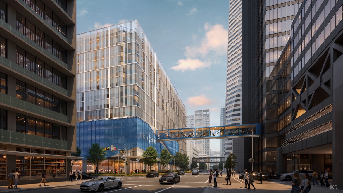 A modern urban street scene with tall glass buildings, a pedestrian skybridge, parked cars, and people walking along the sidewalks under a clear sky.