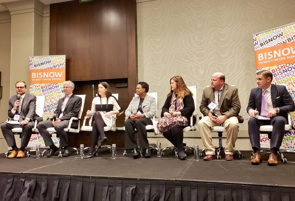 Century Lending's Josh Hamilton, AXIS/GFA Architecture and Design's Cory Creath, Related California's Rose Olson, Adobe Communities' Robin Hughes, Jamboree Housing's Laura Archuleta, Milender White's Adam Mack and CityView's Sean Burton at Bisnow's Greater Los Angeles Multifamily event at the Marina del Rey Marriott in Marina Del Rey.
