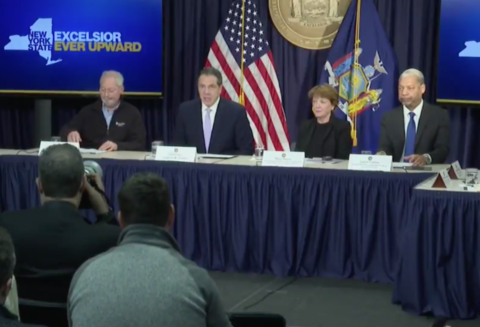 MTA Acting Chairman Fernando Ferrer, Gov. Andrew Cuomo, Columbia University Dean of Engineering Mary Boyce, Cornell University Dean of Engineering Lance Collins at the L Train press conference Jan. 3, 2019.