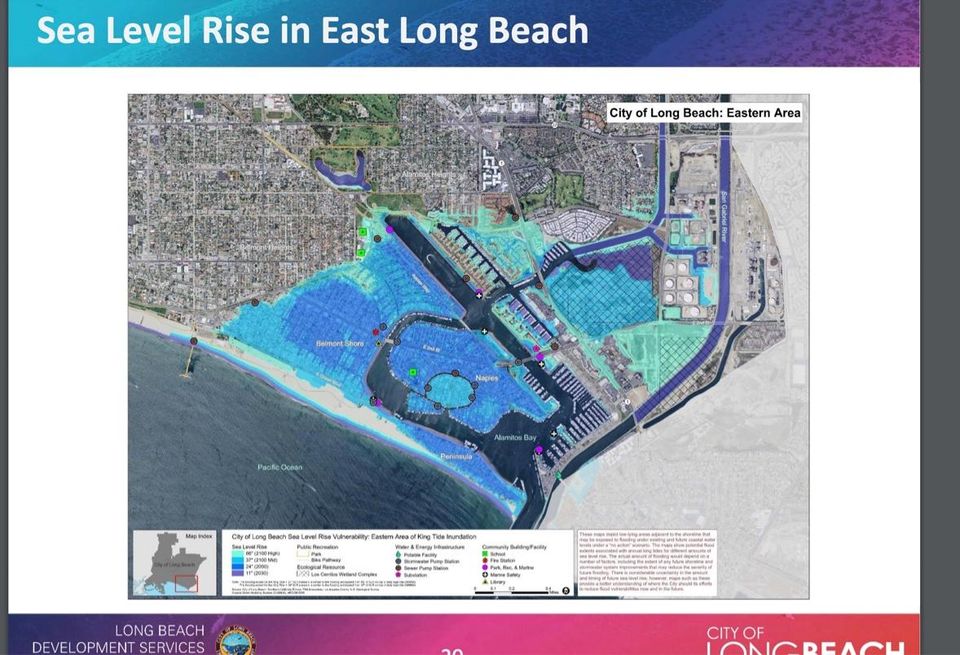 This map shows how sea level rise due to climate change can affect the eastern area of Long Beach.