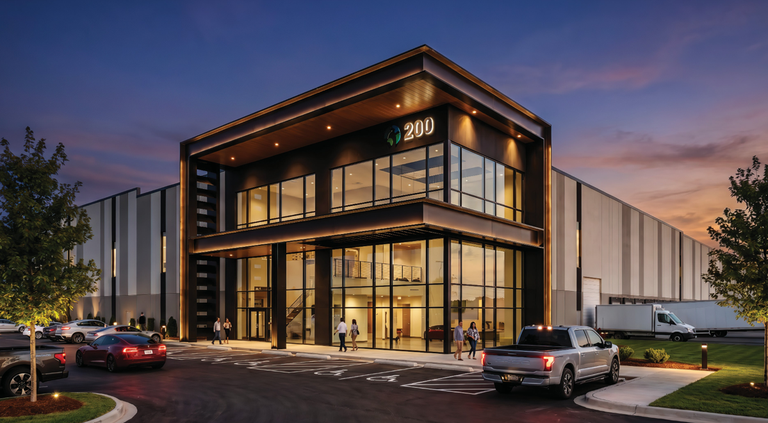 Modern commercial building at dusk with large glass windows, cars parked outside, and a warm interior glow under a dusky sky.