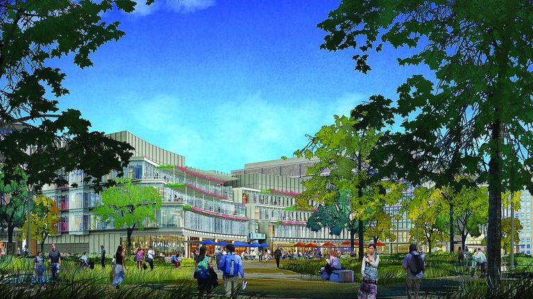 A rendering of the TMC3 Collaborative Building, a 250K SF joint research building within the TMC3 life sciences campus in the Texas Medical Center.