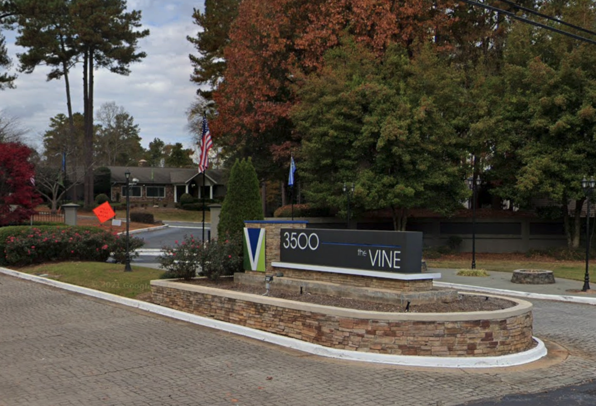 The entrance to the 3500 The Vine apartment complex in Peachtree Corners.