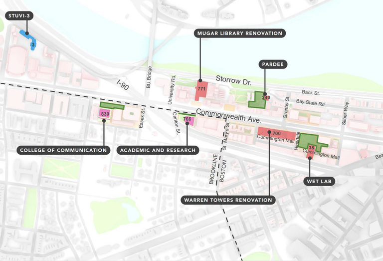 Boston University has laid out seven areas of development for the Charles River campus in its proposed IMP, including five major development and renovation projects.