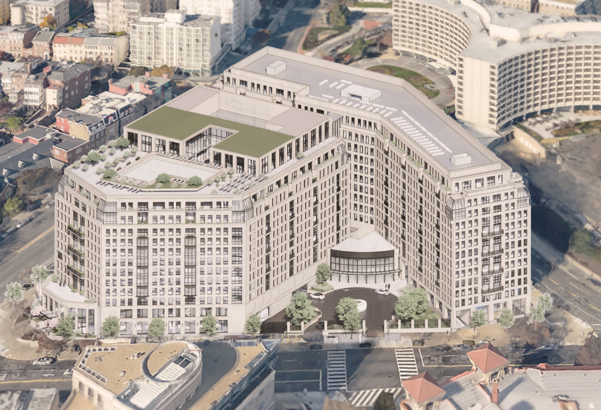 Aerial rendering of the planned office-to-residential conversion at 1826 and 1875 Connecticut Ave. NW