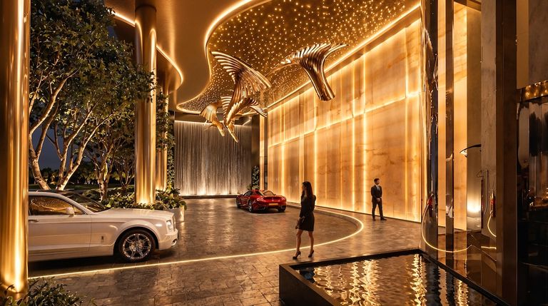 Luxurious hotel lobby with golden lighting, modern sculptures, a red sports car, and two figures standing near water features and plants.