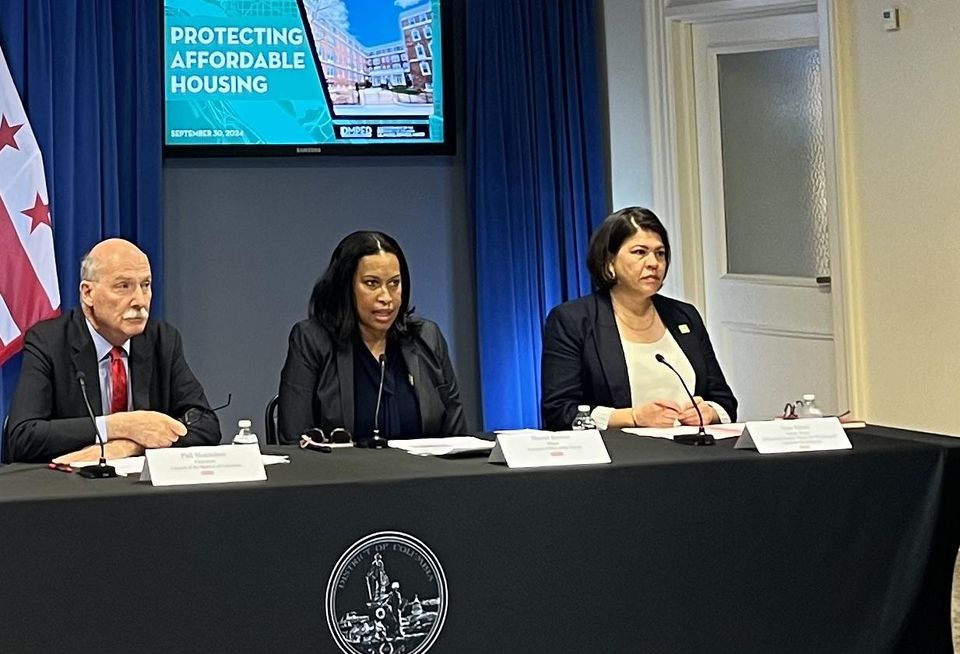 D.C. Council Chairman Phil Mendelson, Mayor Muriel Bowser and Deputy Mayor Nina Albert at a Sept. 30 briefing on efforts to protect the city's affordable housing stock.