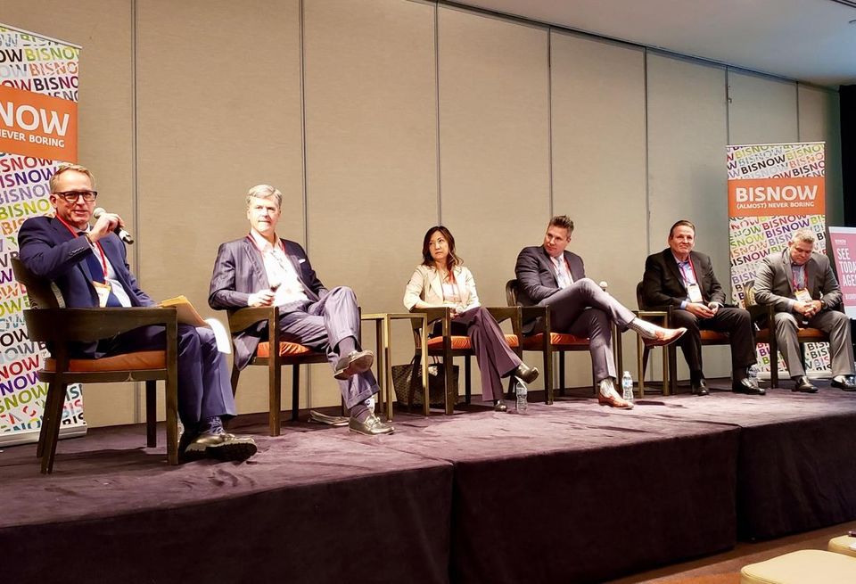 Sheppard Mullin's Lawrence Eppley, Oxford Capital Group's John Rutledge, Chartres Lodging's Maki Barra, George Smith Partners' Malcolm Davies, Green Pace Financial's Shawn Heyl and Pacifica Hotels' Matt Marquis at Bisnow's Los Angeles Summit at the Omni Los Angeles Hotel in downtown Los Angeles