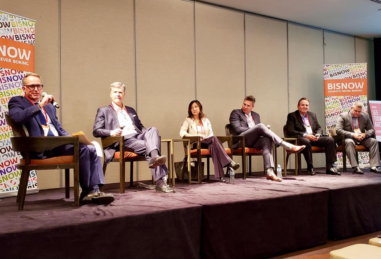 Sheppard Mullin's Lawrence Eppley, Oxford Capital Group's John Rutledge, Chartres Lodging's Maki Barra, George Smith Partners' Malcolm Davies, Green Pace Financial's Shawn Heyl and Pacifica Hotels' Matt Marquis at Bisnow's Los Angeles Summit at the Omni Los Angeles Hotel in downtown Los Angeles