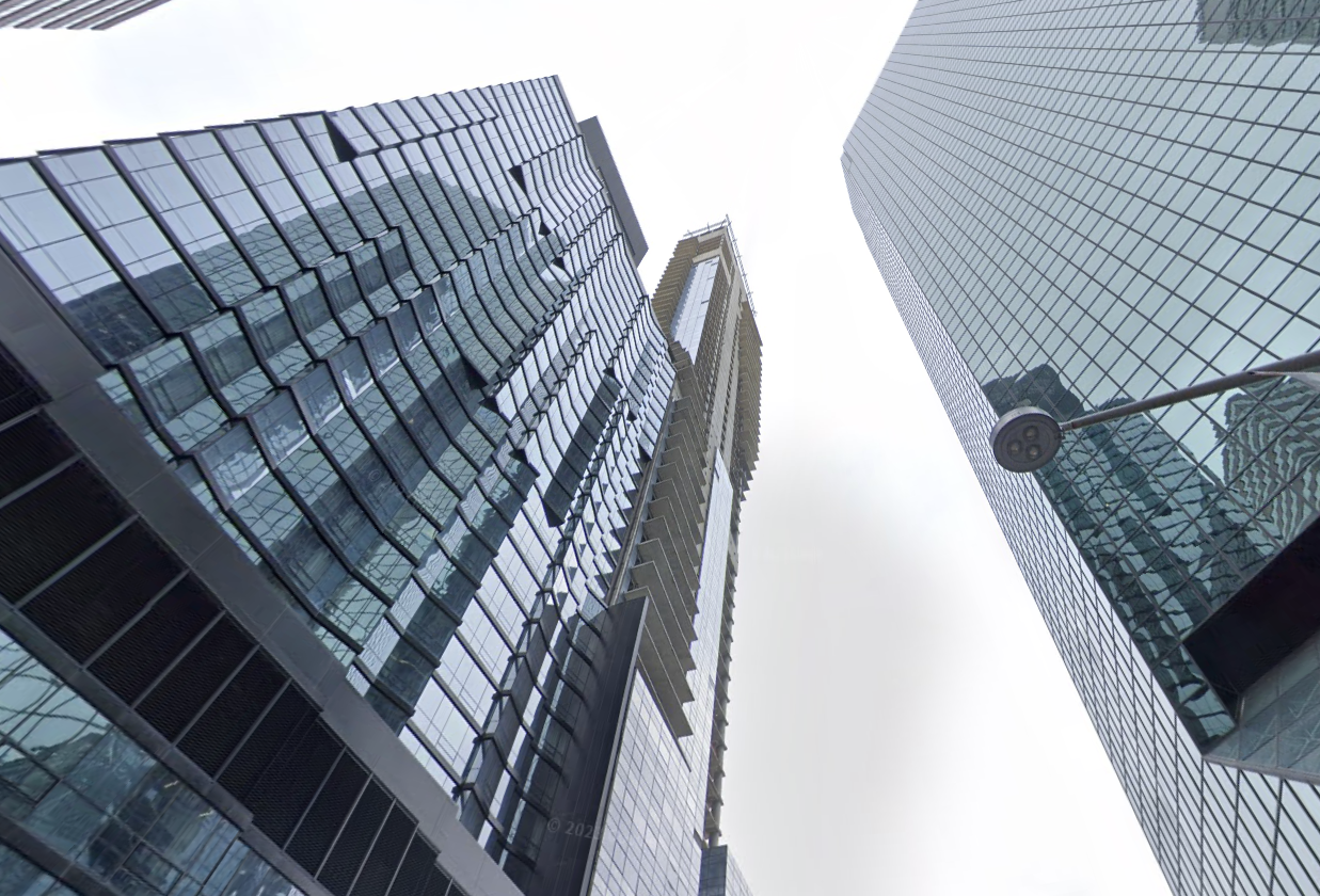 The still-incomplete Seaport Residences condo tower at 161 Maiden Lane, which has seen more than 1,400 documents filed with New York's court system over the past few years as developer Fortis Property Group and its lenders sued one another.