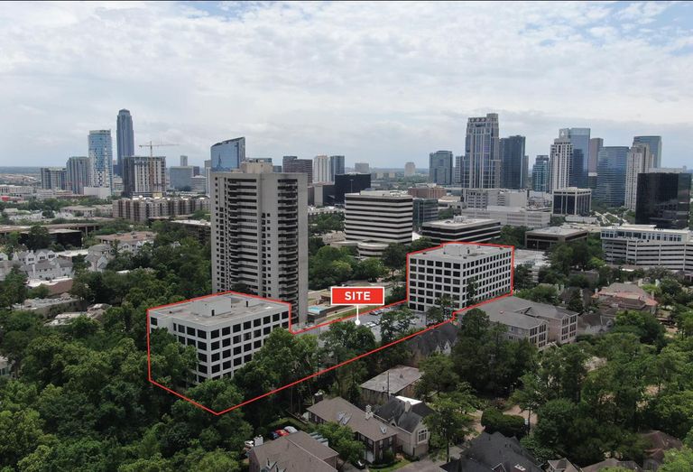 An aerial view of 50 Briar Hollow, a two-building, 3.17-acre multi-tenant office complex in the Uptown submarket of Houston.