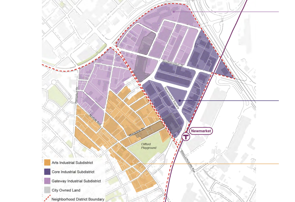 A map of the Newmarket district broken up into the Arts, Core and Gateway Industrial subdistricts.