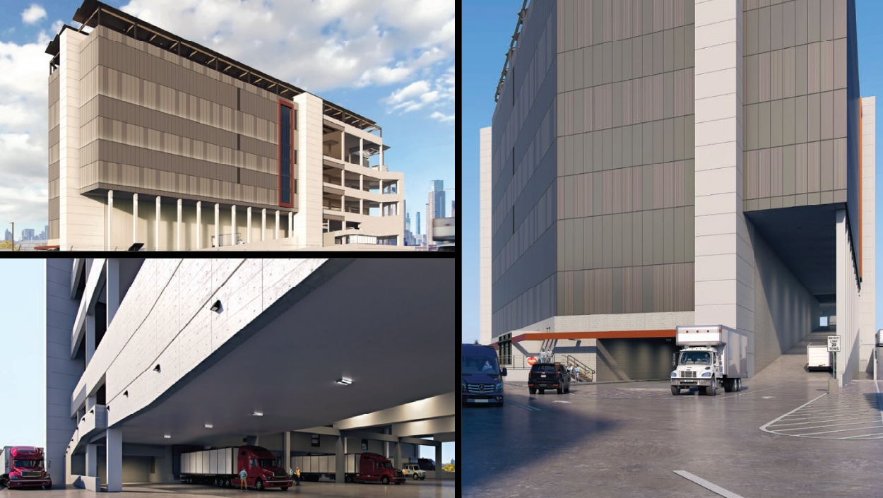 Collage of a modern, multi-story industrial building with loading docks, trucks, and a view of the city skyline in the background.