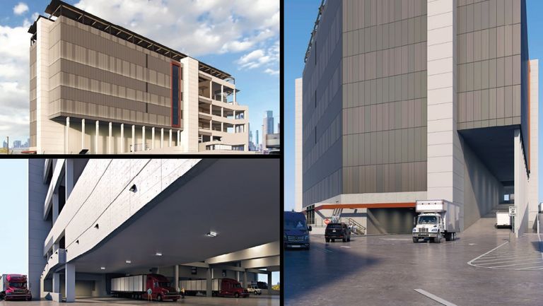 Collage of a modern, multi-story industrial building with loading docks, trucks, and a view of the city skyline in the background.